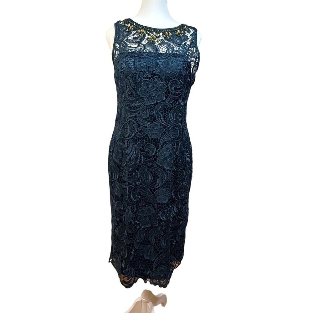 Adrianna Papell‎ Lace Sheath Dress Women 6 Teal Blue Excellent Beaded Neckline